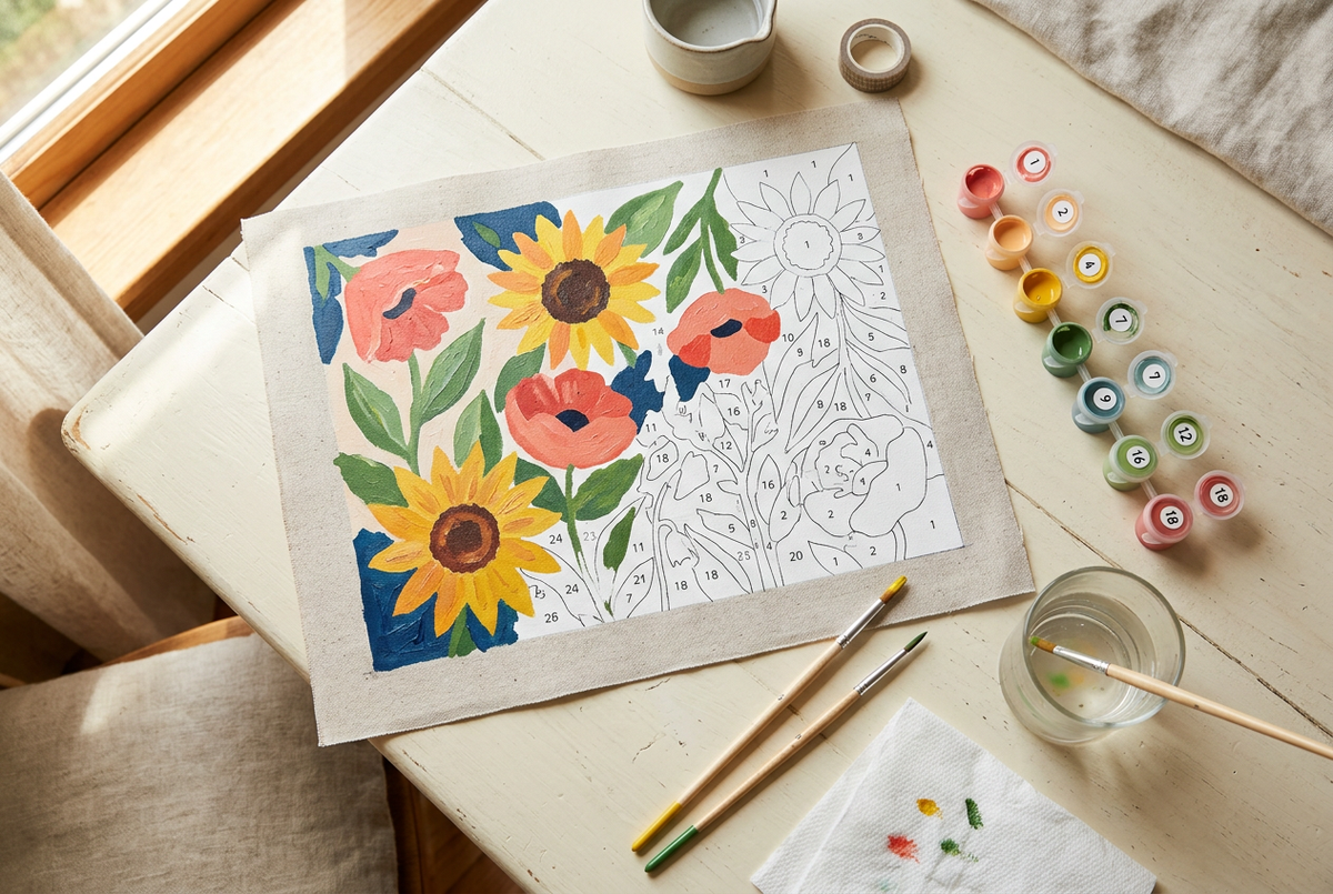 Partially painted floral paint-by-numbers canvas with sunflowers, paint pots, and brushes on a sunlit table.