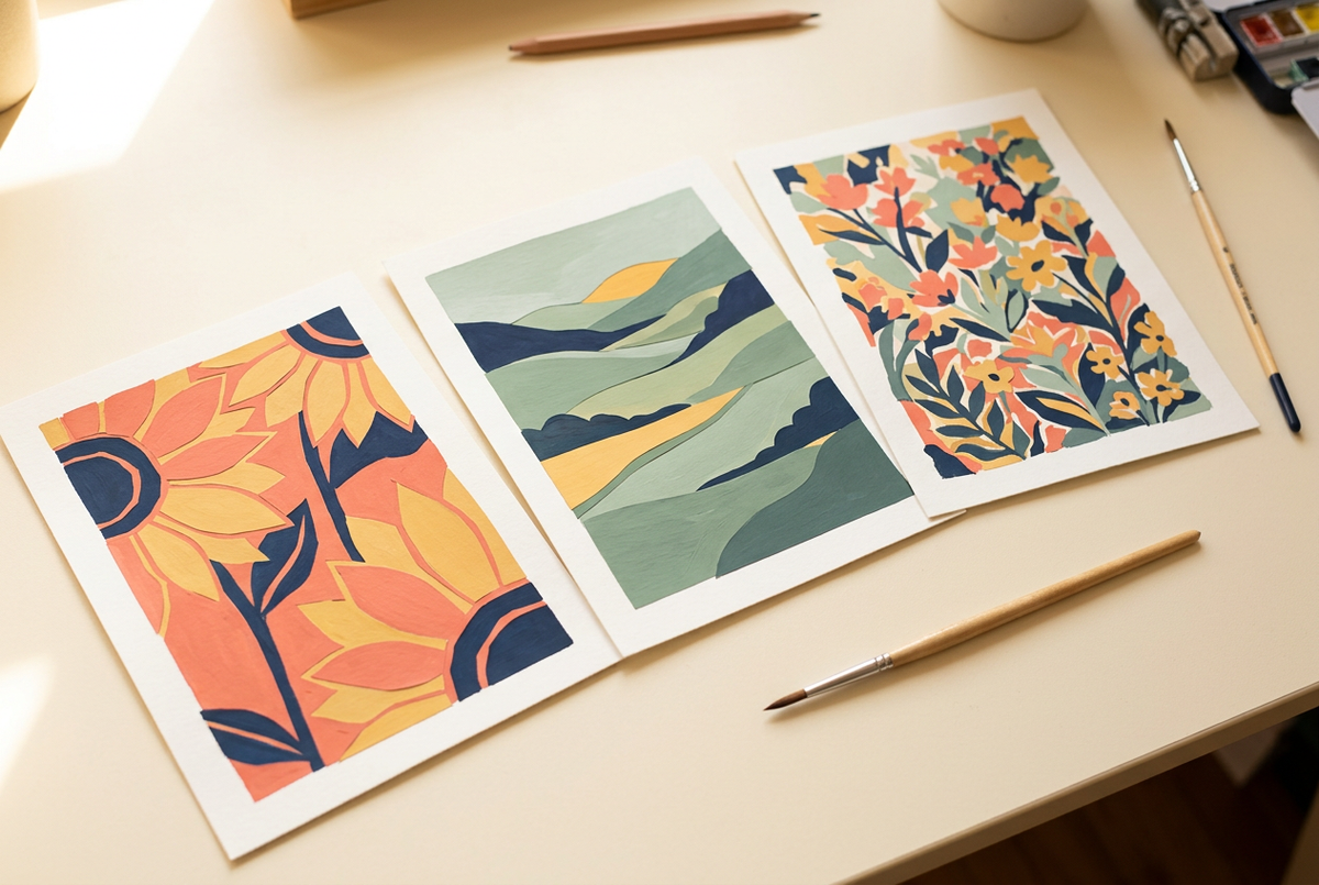 Three illustrative painting studies showing sunflowers, a green landscape, and detailed flowers on a desk with brushes.