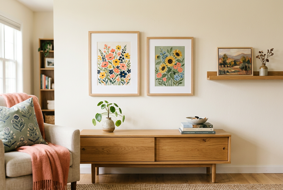 Two framed floral artworks above a wooden console and a landscape painting on a shelf in a bright living room.