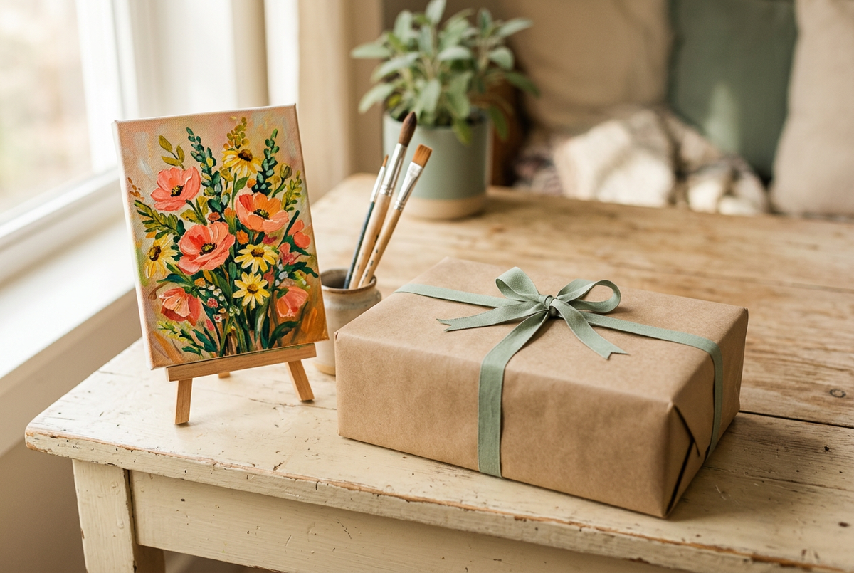 Kraft-paper gift with a sage ribbon beside a floral painting on a small easel and brushes on a wooden table.