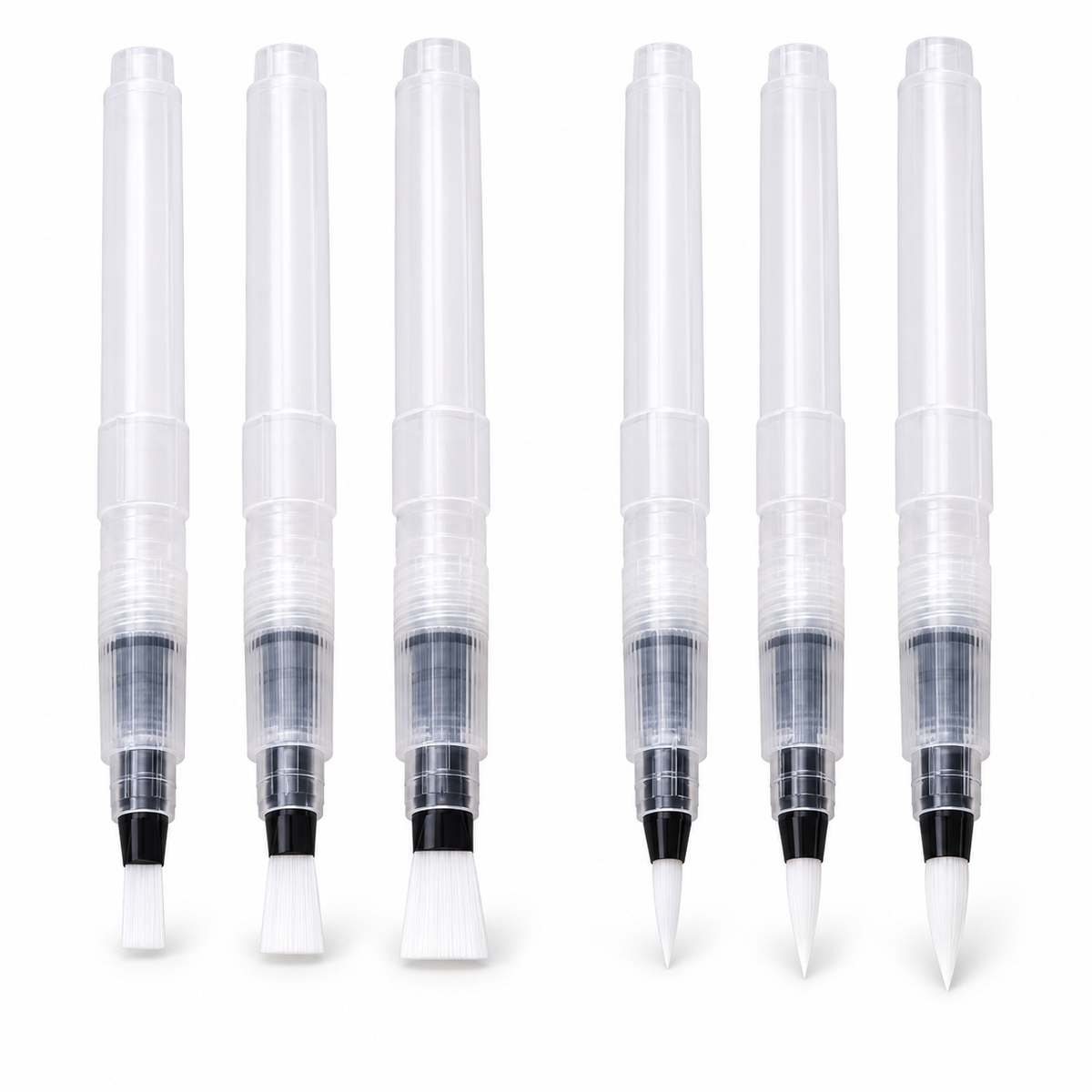 Six refillable water brush pens with three flat tips and three pointed tips.