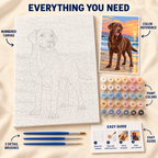 Labrador Sunset paint by numbers kit showing numbered canvas, paint pots, three detail brushes, color reference and guide