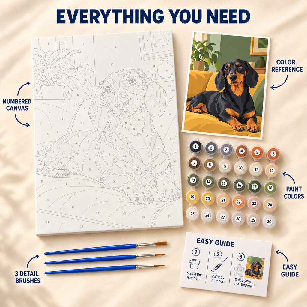 Cozy Dachshund paint by numbers kit showing numbered canvas, paint pots, three detail brushes, color reference and guide
