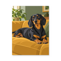 A black-and-tan dachshund resting on a mustard-yellow sofa beside houseplants - animal paint by numbers artwork