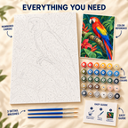 Tropical Macaw paint by numbers kit showing numbered canvas, paint pots, three detail brushes, color reference and guide