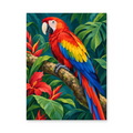 A scarlet macaw perched on a branch among tropical leaves and red flowers - animal paint by numbers artwork