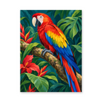 A scarlet macaw perched on a branch among tropical leaves and red flowers - animal paint by numbers artwork