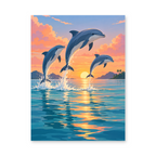 Three dolphins leaping above shimmering ocean water beneath a colorful sunset - animal paint by numbers artwork