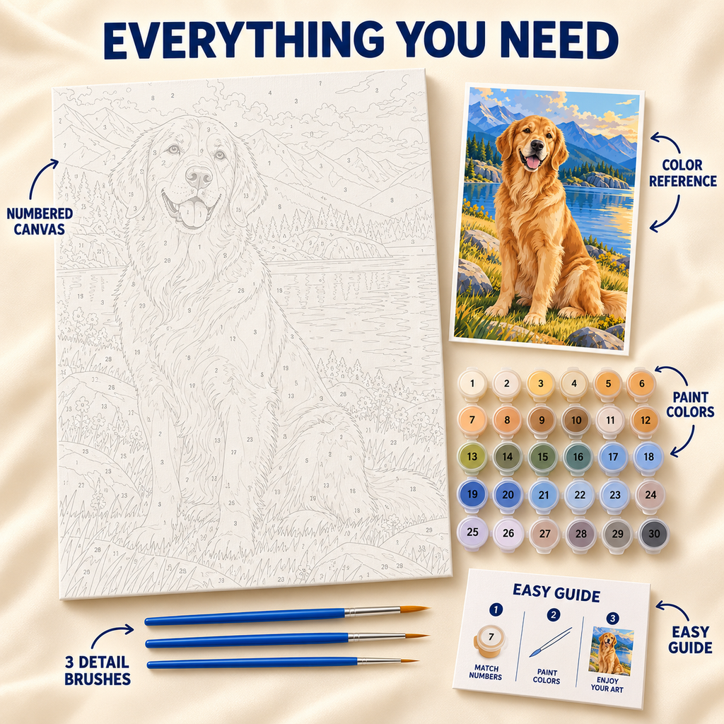 Lakeside Retriever paint by numbers kit showing numbered canvas, paint pots, three detail brushes, color reference and guide