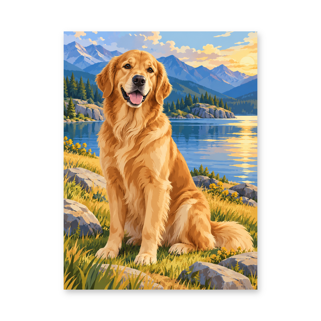A golden retriever seated beside a blue mountain lake and wildflowers - animal paint by numbers artwork