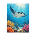 A manta ray gliding above a colorful coral reef beneath sunlit tropical water - animal paint by numbers artwork
