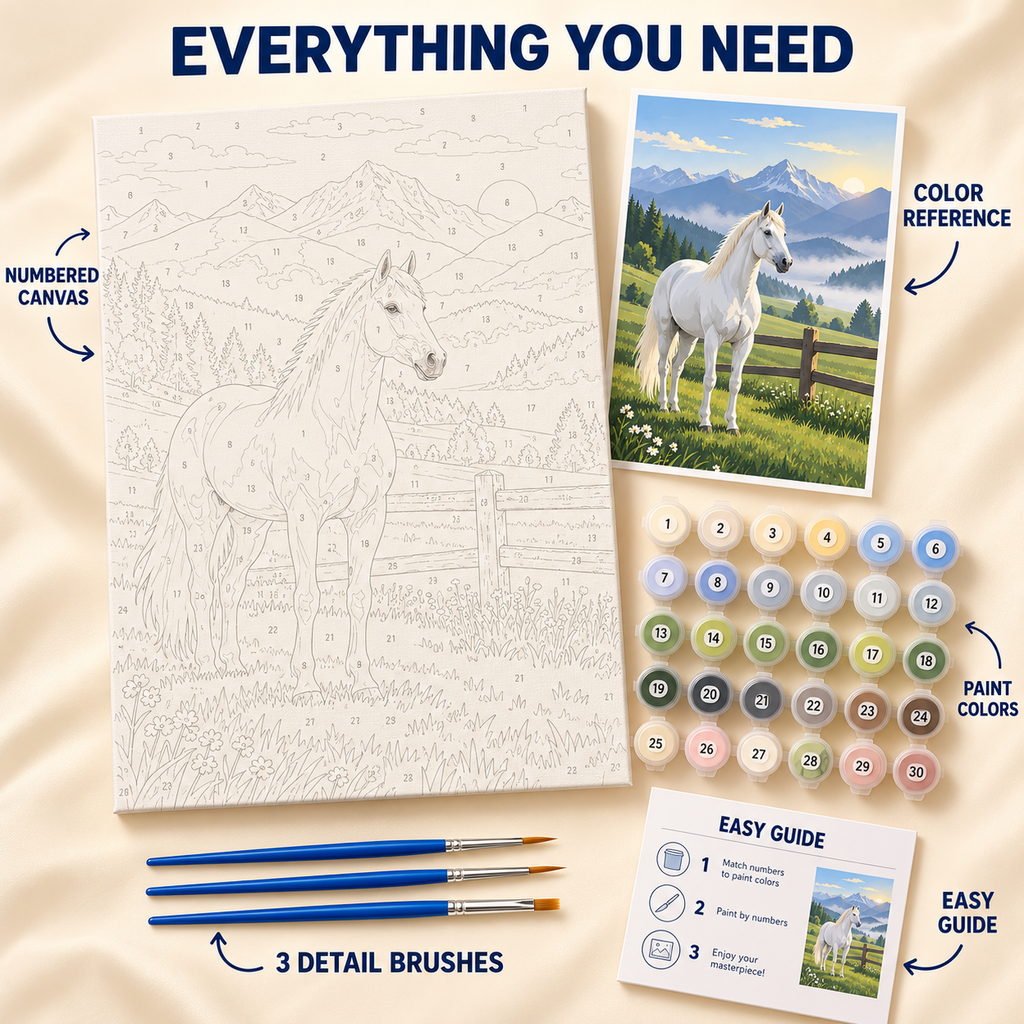 Mountain Pasture paint by numbers kit showing numbered canvas, paint pots, three detail brushes, color reference and guide