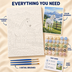 Mountain Pasture paint by numbers kit showing numbered canvas, paint pots, three detail brushes, color reference and guide