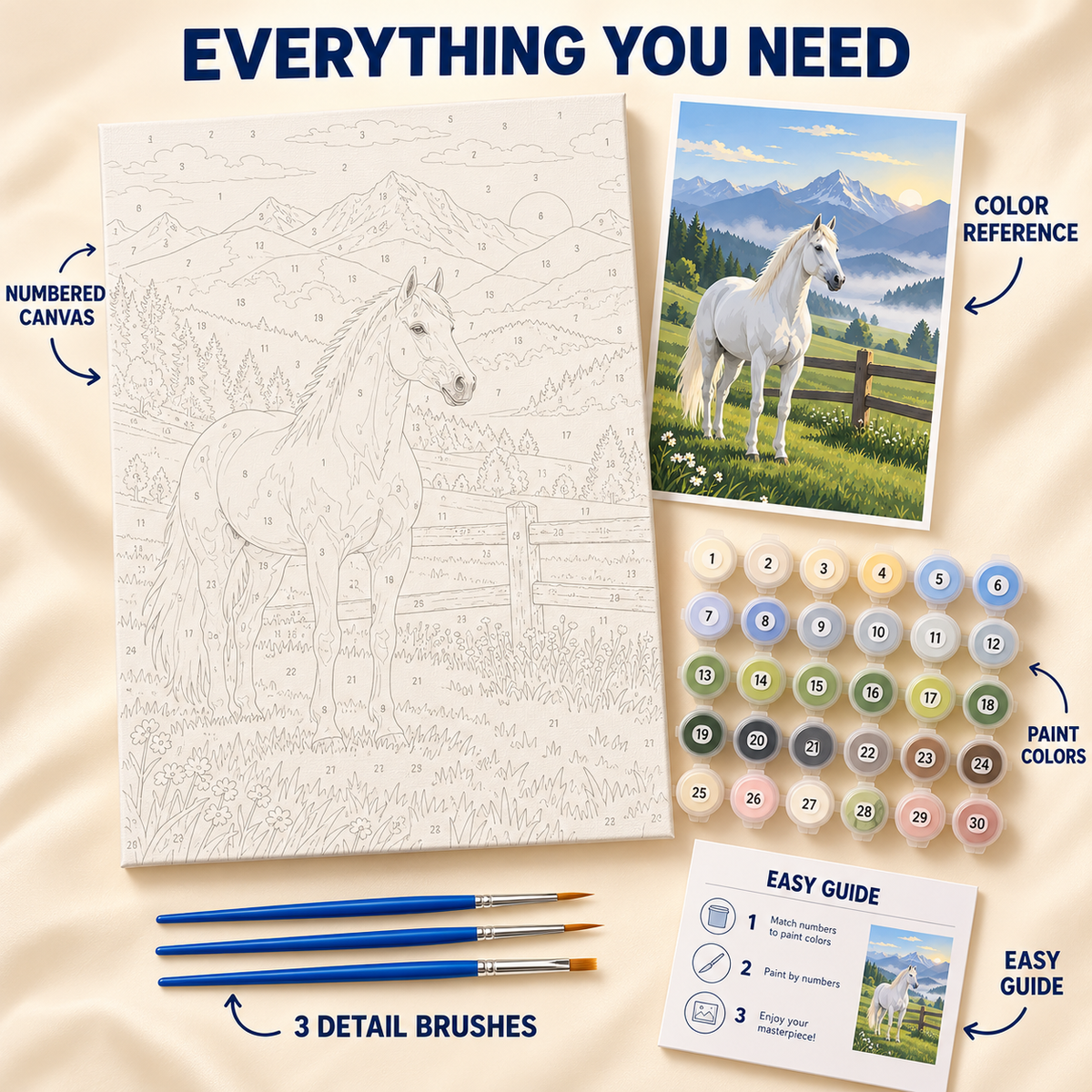 Mountain Pasture paint by numbers kit showing numbered canvas, paint pots, three detail brushes, color reference and guide