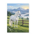 A white horse standing beside a rustic fence in a green pasture below mountain peaks - animal paint by numbers artwork