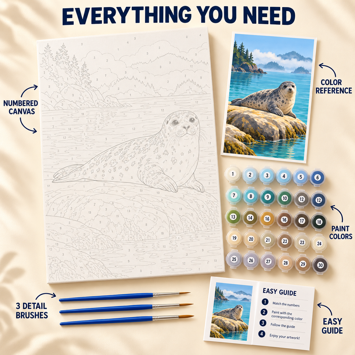 Coastal Seal paint by numbers kit showing numbered canvas, paint pots, three detail brushes, color reference and guide