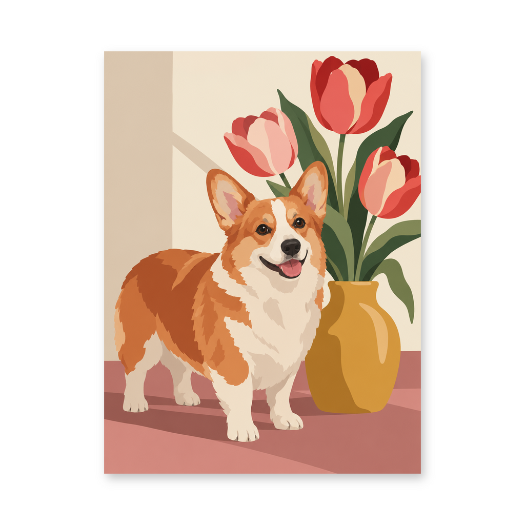 A smiling corgi beside a vase of red tulips in a sunlit room - animal paint by numbers artwork