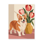 A smiling corgi beside a vase of red tulips in a sunlit room - animal paint by numbers artwork