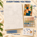 Armchair Tabby paint by numbers kit showing numbered canvas, paint pots, three detail brushes, color reference and guide
