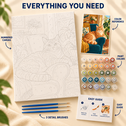 Armchair Tabby paint by numbers kit showing numbered canvas, paint pots, three detail brushes, color reference and guide