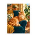 An orange tabby cat relaxing in a teal armchair with a golden throw and sunlit houseplants - animal paint by numbers artwork