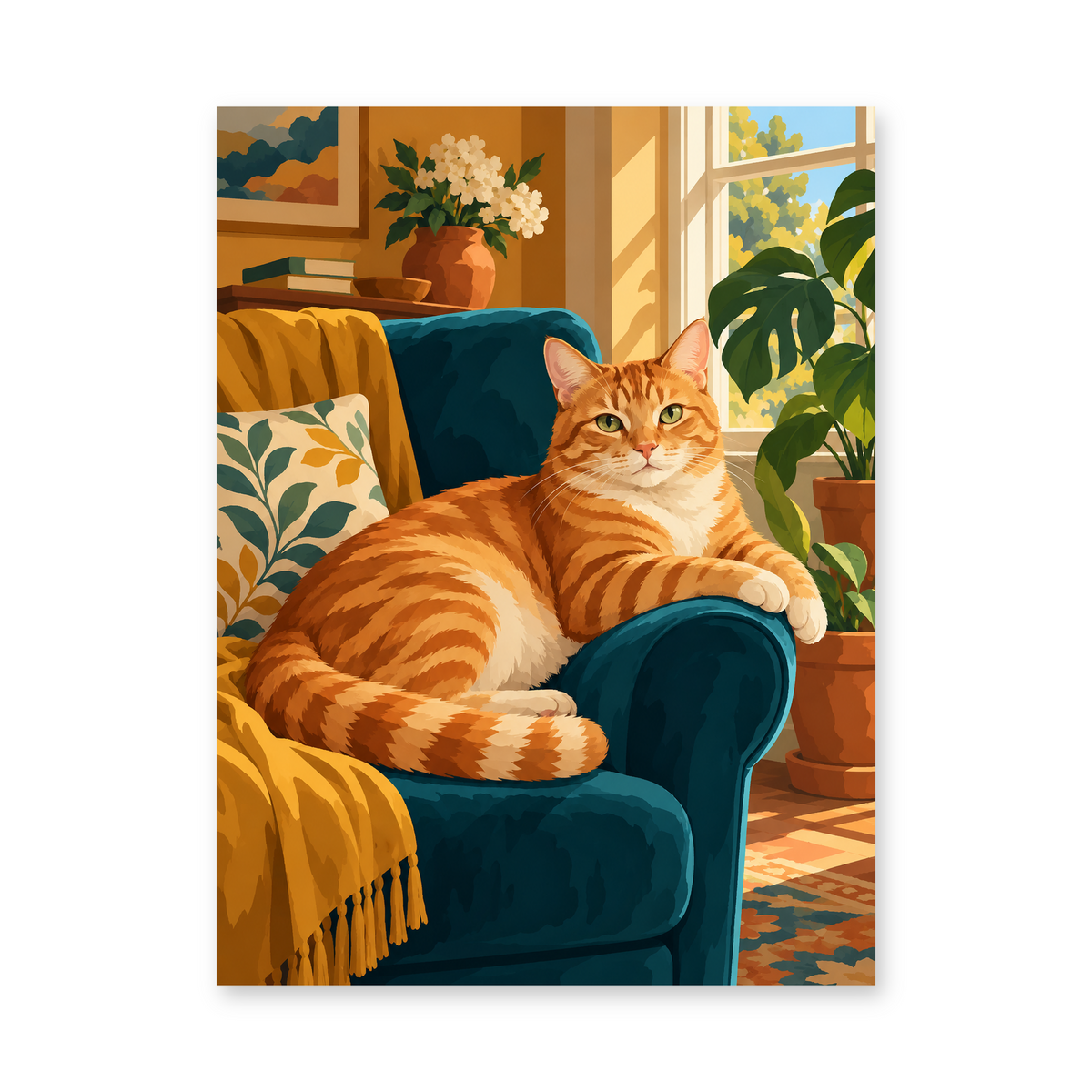 An orange tabby cat relaxing in a teal armchair with a golden throw and sunlit houseplants - animal paint by numbers artwork