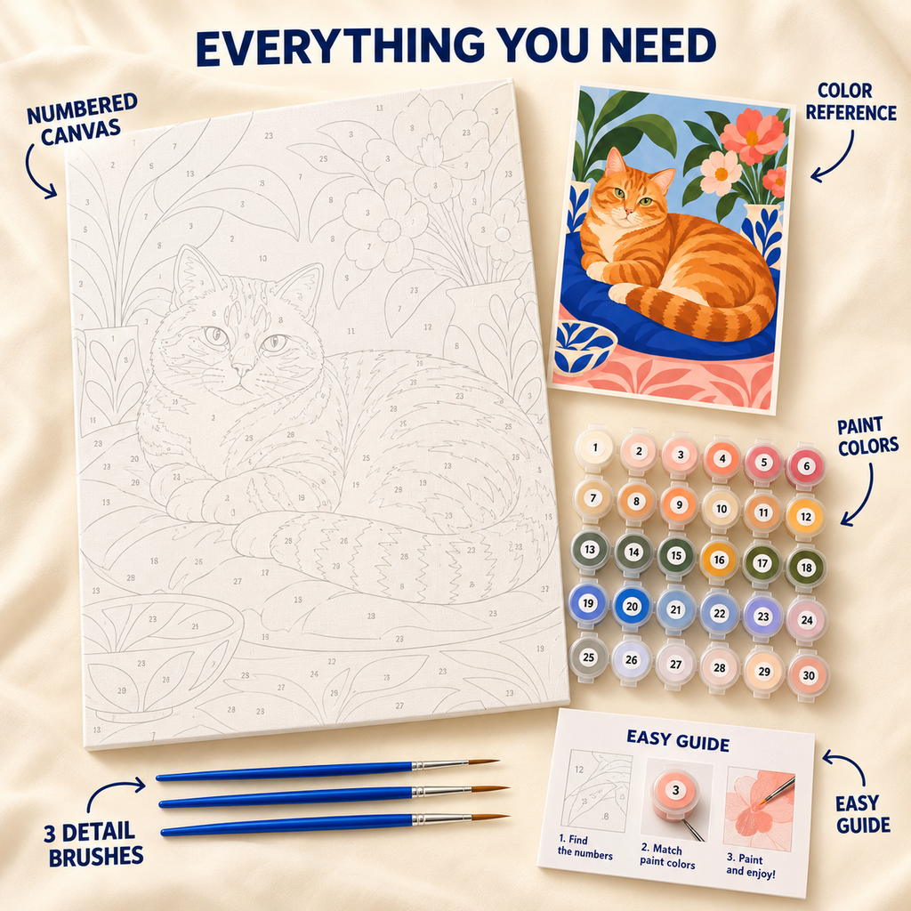 Floral Ginger Cat paint by numbers kit showing numbered canvas, paint pots, three detail brushes, color reference and guide