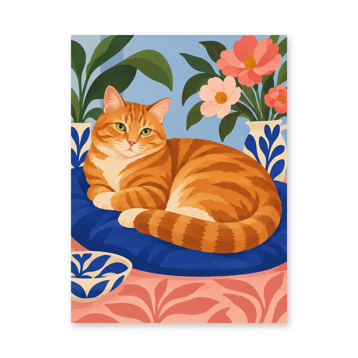 An orange cat curled on a blue cushion among decorative flowers and patterned vases - animal paint by numbers artwork