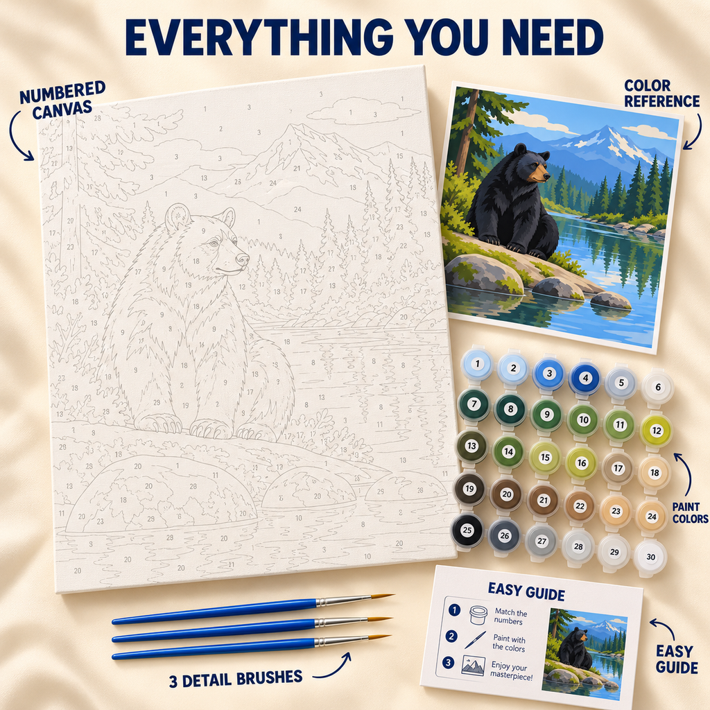 Alpine Bear paint by numbers kit showing numbered canvas, paint pots, three detail brushes, color reference and guide