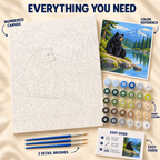 Alpine Bear paint by numbers kit showing numbered canvas, paint pots, three detail brushes, color reference and guide