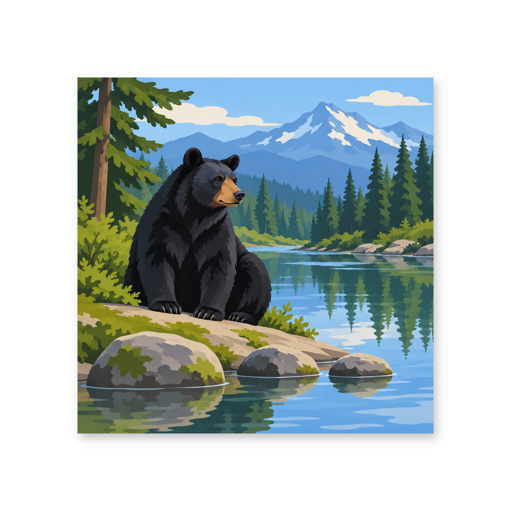 A black bear seated on rocks beside a still lake beneath a snowy mountain and pine forest - animal paint by numbers artwork
