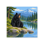 A black bear seated on rocks beside a still lake beneath a snowy mountain and pine forest - animal paint by numbers artwork