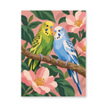 Green-and-yellow and blue-and-white budgies perched together among pink blossoms - animal paint by numbers artwork