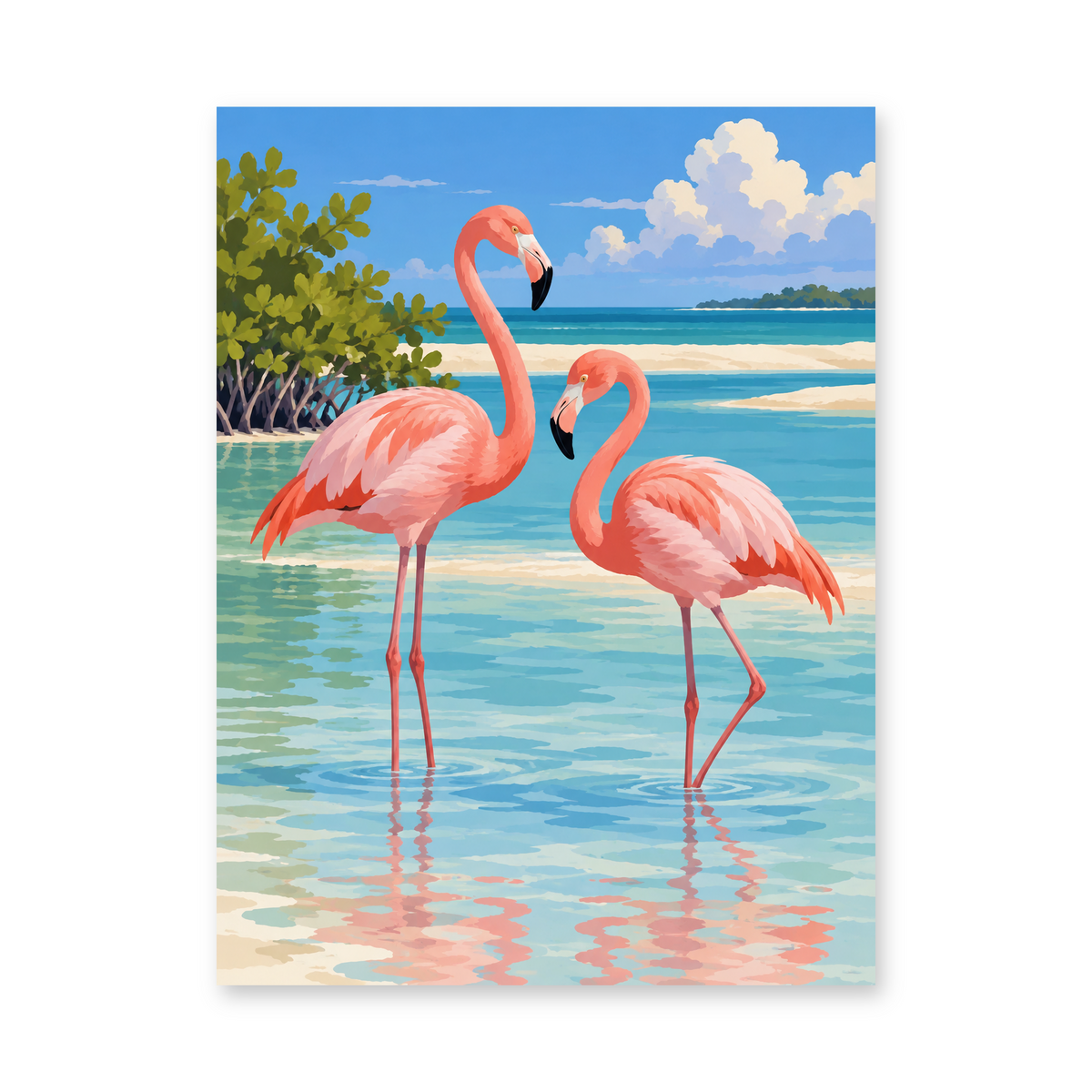 Two pink flamingos wading through clear turquoise shallows beside tropical foliage - animal paint by numbers artwork