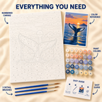 Whale Tail Sunset paint by numbers kit showing numbered canvas, paint pots, three detail brushes, color reference and guide