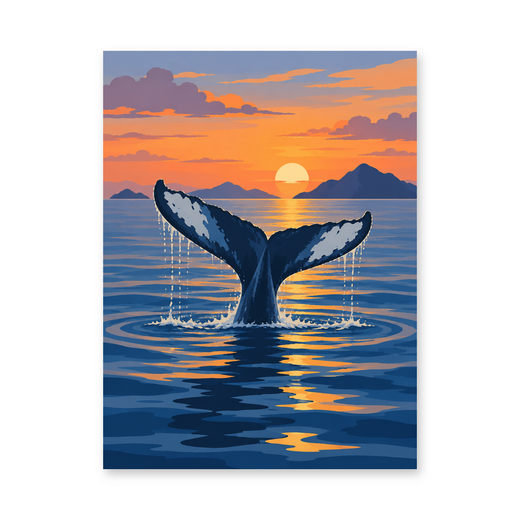 A whale tail rising from calm ocean water beneath an orange sunset - animal paint by numbers artwork