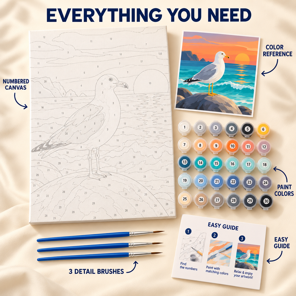 Seaside Gull paint by numbers kit showing numbered canvas, paint pots, three detail brushes, color reference and guide