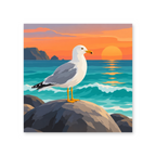 A seagull perched on a coastal rock beside turquoise waves beneath a warm sunset - animal paint by numbers artwork