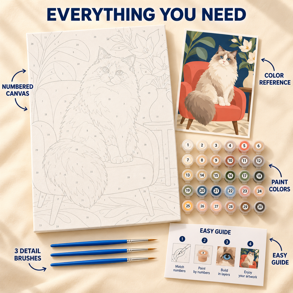Velvet Ragdoll paint by numbers kit showing numbered canvas, paint pots, three detail brushes, color reference and guide