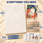 Velvet Ragdoll paint by numbers kit showing numbered canvas, paint pots, three detail brushes, color reference and guide