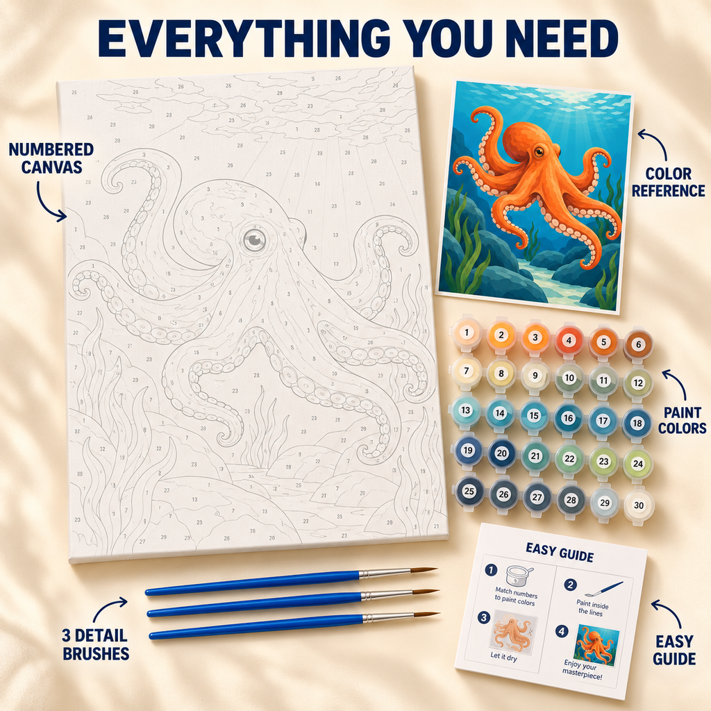 Coral Octopus paint by numbers kit showing numbered canvas, paint pots, three detail brushes, color reference and guide
