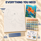 Coral Octopus paint by numbers kit showing numbered canvas, paint pots, three detail brushes, color reference and guide
