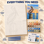Harbor Pelican paint by numbers kit showing numbered canvas, paint pots, three detail brushes, color reference and guide