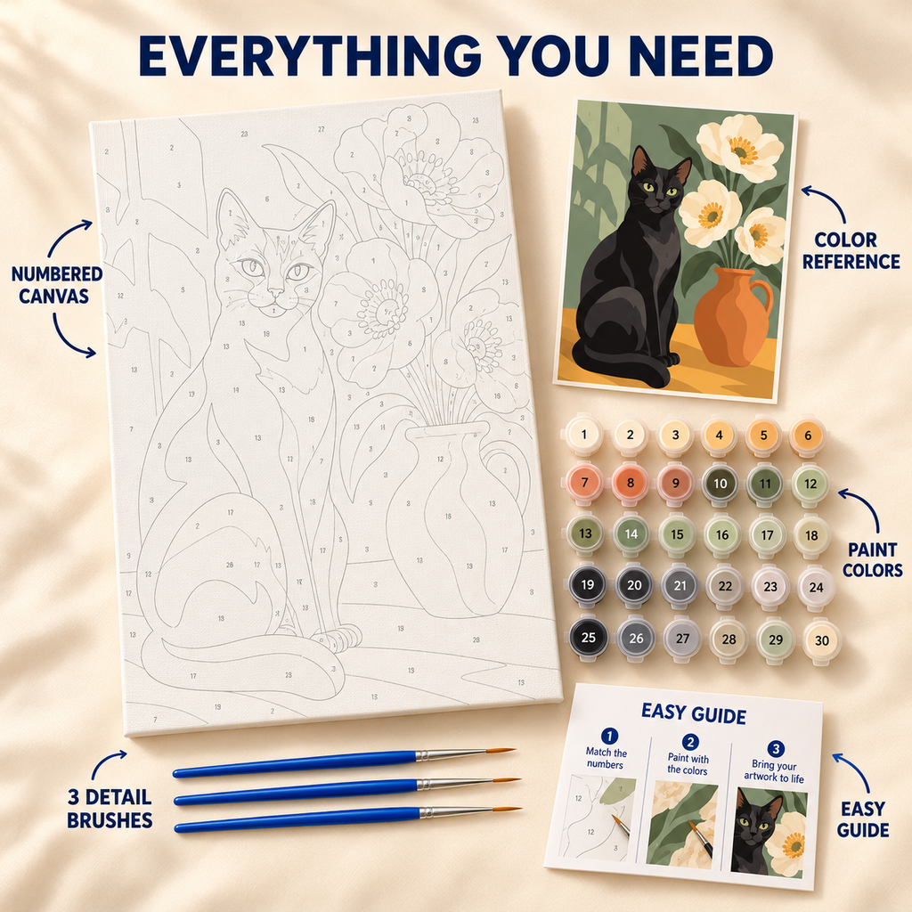 Black Cat Blooms paint by numbers kit showing numbered canvas, paint pots, three detail brushes, color reference and guide