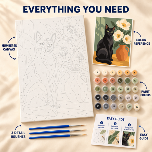 Black Cat Blooms paint by numbers kit showing numbered canvas, paint pots, three detail brushes, color reference and guide
