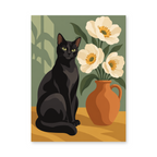 A black cat seated beside a terracotta pitcher of white flowers against a leafy green backdrop - animal paint by numbers artwork