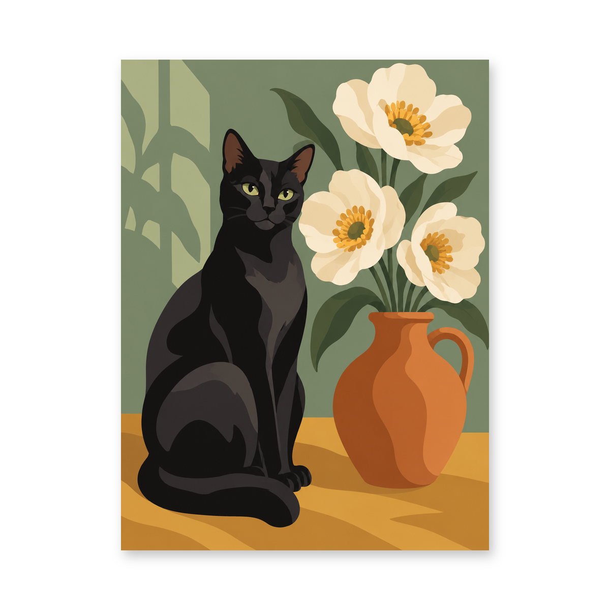 A black cat seated beside a terracotta pitcher of white flowers against a leafy green backdrop - animal paint by numbers artwork