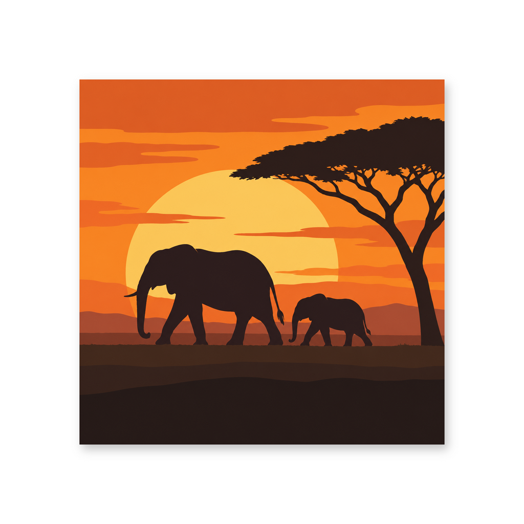 An adult elephant and calf walking beneath an acacia tree silhouetted against an orange sunset - animal paint by numbers artwork