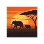 An adult elephant and calf walking beneath an acacia tree silhouetted against an orange sunset - animal paint by numbers artwork