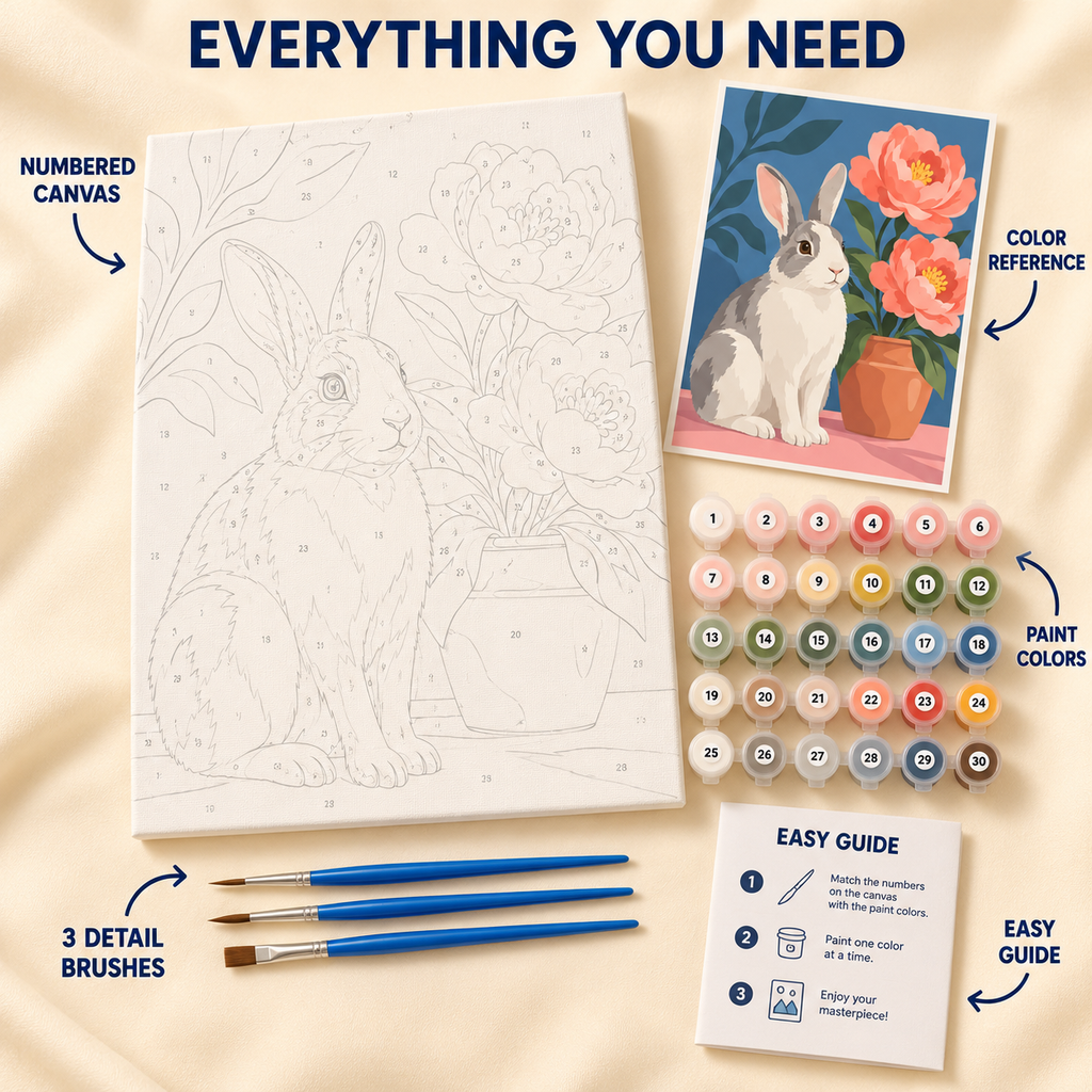 Peony Rabbit paint by numbers kit showing numbered canvas, paint pots, three detail brushes, color reference and guide